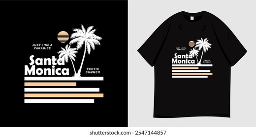 Santa Monica beach t-shirt design. Summer clothing graphic vector illustration with palm tree silhouette and sun symbol. Ready to print for t-shirt, clothes, tee, apparel and wear.