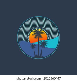 SANTA MONICA BEACH,Los Angeles - vector illustration in vintage graphic style for t-shirt and other print production. Palms, wave and sun creative logo badge. Summer vacation concept. Design elements.