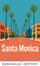 A Avenida Santa Monica oferece vistas vibrantes para o pôr do sol com luzes da cidade iluminando a icônica rua e o cenário costeiro, tornando-a uma localização perfeita para a exploração da cidade e retiros noturnos pacíficos