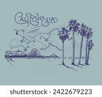 santa monica california beach vector art, palm beach vacation hand drawing, cloud and sky illustration, Pacific Park amusement park