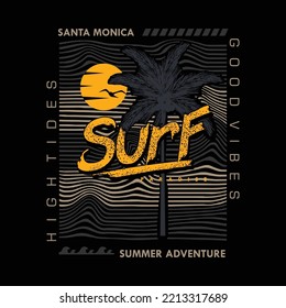 santa monica, california buena vibes puesta de sol, surf rider, playa larga, camiseta vectorial, diseño tipográfico