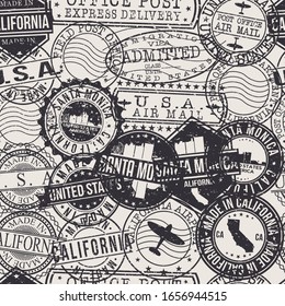 Santa Monica California Stamps Background. A City Stamp Vector Art. Set of Postal Passport Travel. Design Set Pattern.