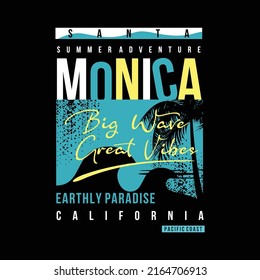santa monica, california sunset, surf rider, big wave, vector t shirt print, typography graphic design