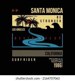 santa monica, california sunset, surf rider, long beach, vector t shirt print, typography graphic design