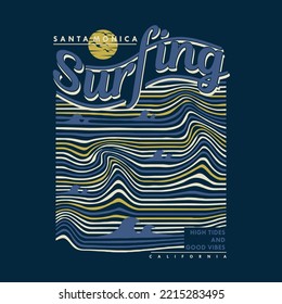 santa monica california t-shirt design surfing catch the wave  vector image