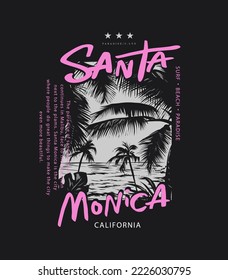 santa monica calligraphy slogan with palm beach view in square frame vector illustration on black background