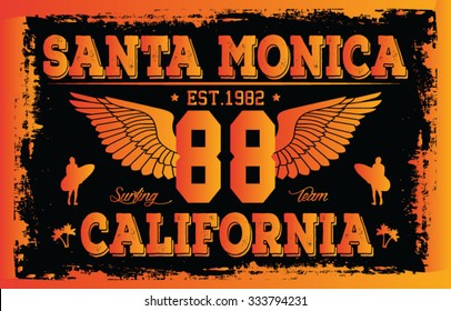 santa monica graphic design, california surfing team t-shirt design