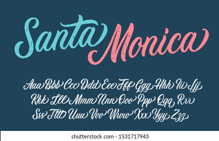 Santa Monica lettering script with paint texture. Vector alphabet.