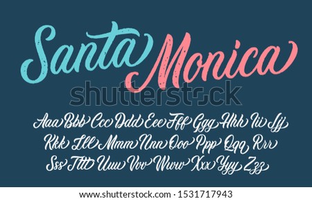 Santa Monica lettering script with paint texture. Vector alphabet.