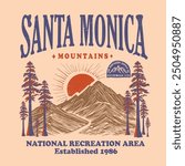 Santa Monica mountains art illustration, outdoors autumn winter mountains printed t-shirt design, Adventure at the mountain graphic artwork for t shirt and others.