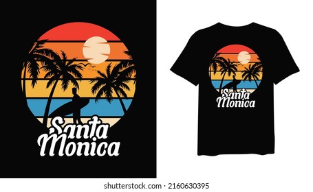 Santa Monica with rider surf and tropical silhouette leaf, stylish t-shirts and trendy clothing designs with lettering, and printable, vector illustration designs.