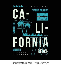 Santa Monica, sandiego, california  beach  vector illustration in vintage graphic style for t shirt  Palms, wave design. Summer vacation concept.