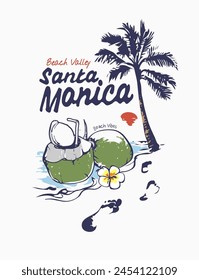 santa monica slogan with coconut and footprints on the beach graphic hand drawn vector illustration