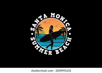 Santa monica summer beach, design silhouette retro style.