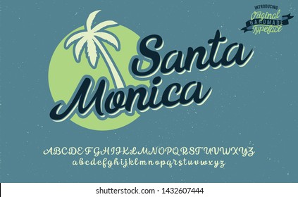 Santa Monica. Summer beach logo. Vector illustration. Retro serif and script typeface and logo. Summer style. California, Hawaii, Waikiki beach. Script typeface.