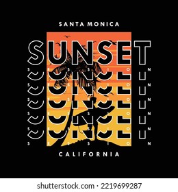 santa monica sunset sessioncalifornia with styled palm tree. t shirt design, graphics, stamp, label, typography, wall murals
