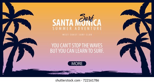 Santa Monica Surfing graphic with palms. Surf club Vector banner