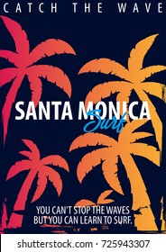 Santa Monica Surfing graphic with palms. T-shirt design and print