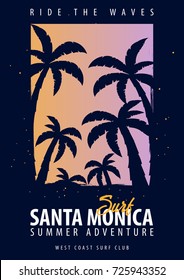 Santa Monica Surfing graphic with palms. T-shirt design and print