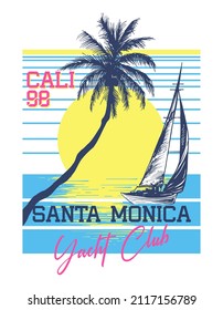 Diseño de afiches del Santa Mónica Yacht Club palmeras y sun y Yacht