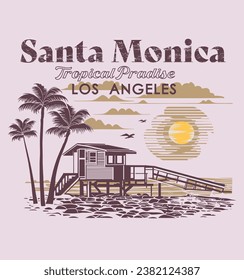 Santa monica.vintage sunset with palms on the beach illustration for t shirt and poster design