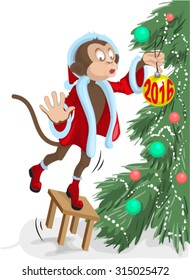 Santa monkey hangs on the Christmas tree ball in 2016. Illustration in vector format
