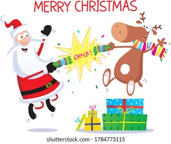 Santa and moose pulling a Christmas cracker.