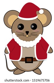 Santa mouse in red coat and hat with beard isolated on white background.