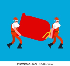 Santa Movers carry red bag. Claus Porters man and sack. Grandfather Loader mover man bagful. New Year and Xmas Vector illustration