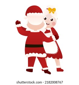 Santa y la Sra. Claus bailando juntos en dibujos animados sobre fondo blanco, dibujos animados para el diseño de afiches o tarjetas de felicitación, invitaciones