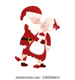 Santa y la Sra. Claus bailando juntos y besándose en estilo de dibujos animados sobre fondo blanco, arte clip para diseño de afiches o tarjetas de felicitación, invitaciones