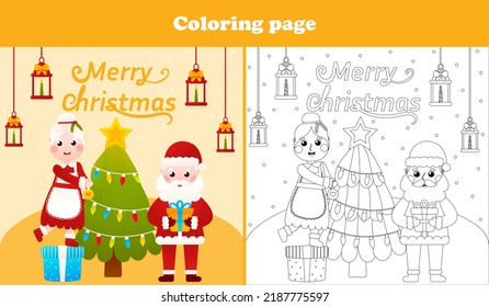 Santa y la Sra. Claus decorando la página de colorear árboles de navidad para niños libro de actividades para navidades, hoja de cálculo