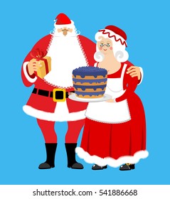 Santa and Mrs. Claus isolated. Christmas family. Woman in red dress and white apron. Cheerful elderly. New Year menage. 
