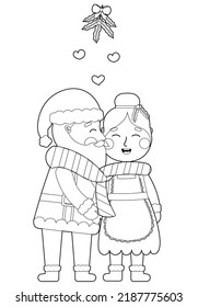 Santa and Mrs Claus kissing under the mistletoe coloring page for christmas chldren activity book, printable worksheet