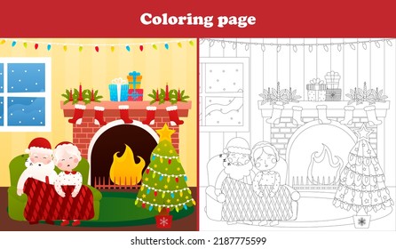 Santa and Mrs Claus sleeping on the couch coloring page for children activity book for christmas, printable worksheet