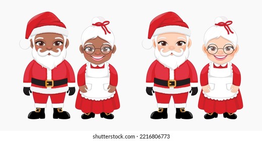 Santa and Mrs Claus standing in Christmas Festival Design, American African Santa and his wife Vector