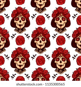 Santa Muerte Calavera Seamless Vector Pattern