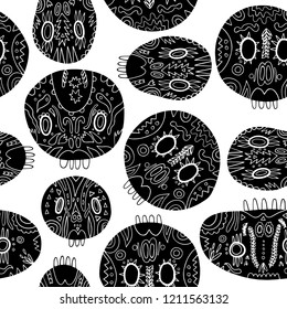 Santa Muerte ethnic seamless linocut style pattern. Latin festive hand drawn background with painted masks of skulls for your design. Textile, blog decoration, banner, poster, wrapping paper