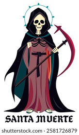 Santa Muerte. Holy death with scythe. Vector isolated illustration with lettering.