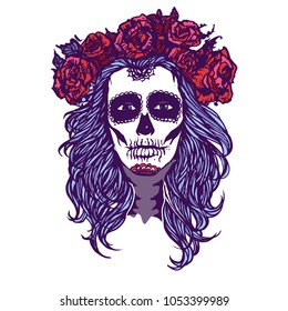 Santa Muerte make up girl, sugar skull face art woman ink hand drawn tattoo vector sketch illustration on white background