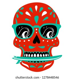 Santa muerte, the Saint of Death with Surfboard. Skull. Vector, isolated