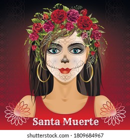 Santa Muerte woman with flowers wreath. Vector illustration.