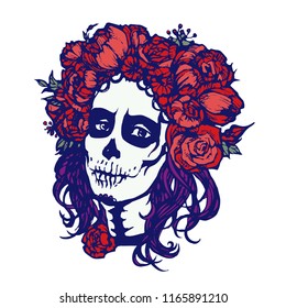 Santa Muerte woman make up. Sugar skull girl face with flowers wreath. Hand drawn vector illustration, tattoo sketch