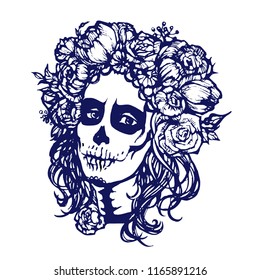 Santa Muerte woman make up. Sugar skull girl face with flowers wreath. Hand drawn vector illustration, tattoo sketch