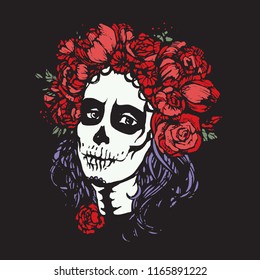 Santa Muerte woman make up. Sugar skull girl face with flowers wreath. Hand drawn vector illustration, tattoo sketch