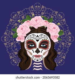 Santa Muerte in a wreath of delicate pink roses, Calavera Catrina, Day of the Dead vector illustration