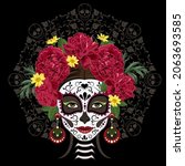 Santa Muerte in a wreath of red peonies, Calavera Catrina, Day of the Dead vector illustration