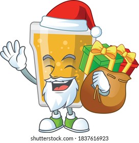 Santa mug of beer Cartoon drawing design with sacks of gifts. Vector illustration