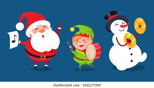 Santa with music sign, elf playing on drum, snowman on ?ymbal musical instrument vector illustration cartoon winter characters isolated on blue
