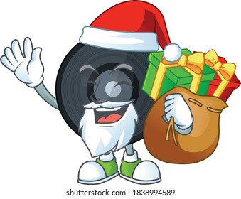 Santa music viynl disc Cartoon drawing design with sacks of gifts. Vector illustration